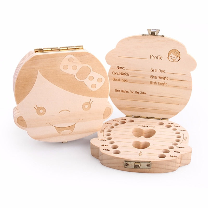 Baby Milk Teeth Box Spanish English Russion Baby Wood Tooth Box Baby Tooth Organizer Kids Deciduous Storage Collect wooden Box