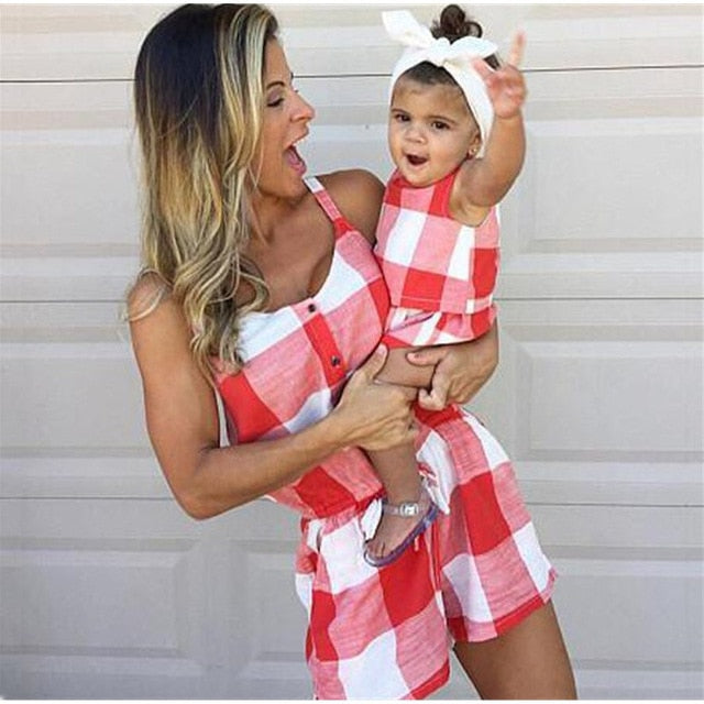 Mother Daughter Family Matching Outfits Clothes Plaid Parent-child Dress Baby Girls Mom Romper Fashion Summer Women Kids Costume